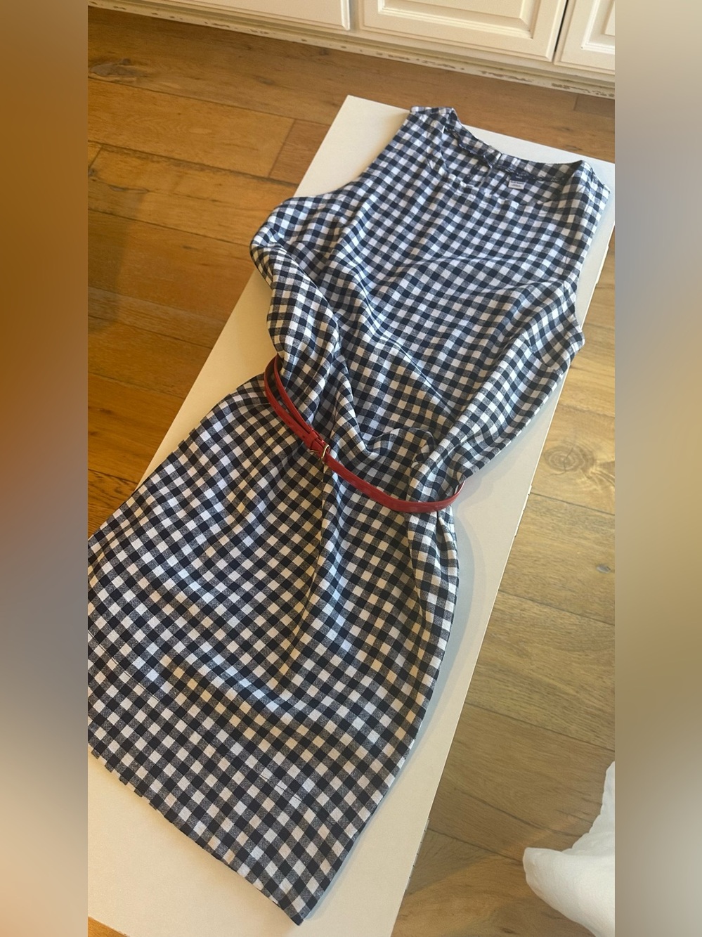 Sleeveless Gingham Shift Dress - Navy & White linen Blend dress with pockets.